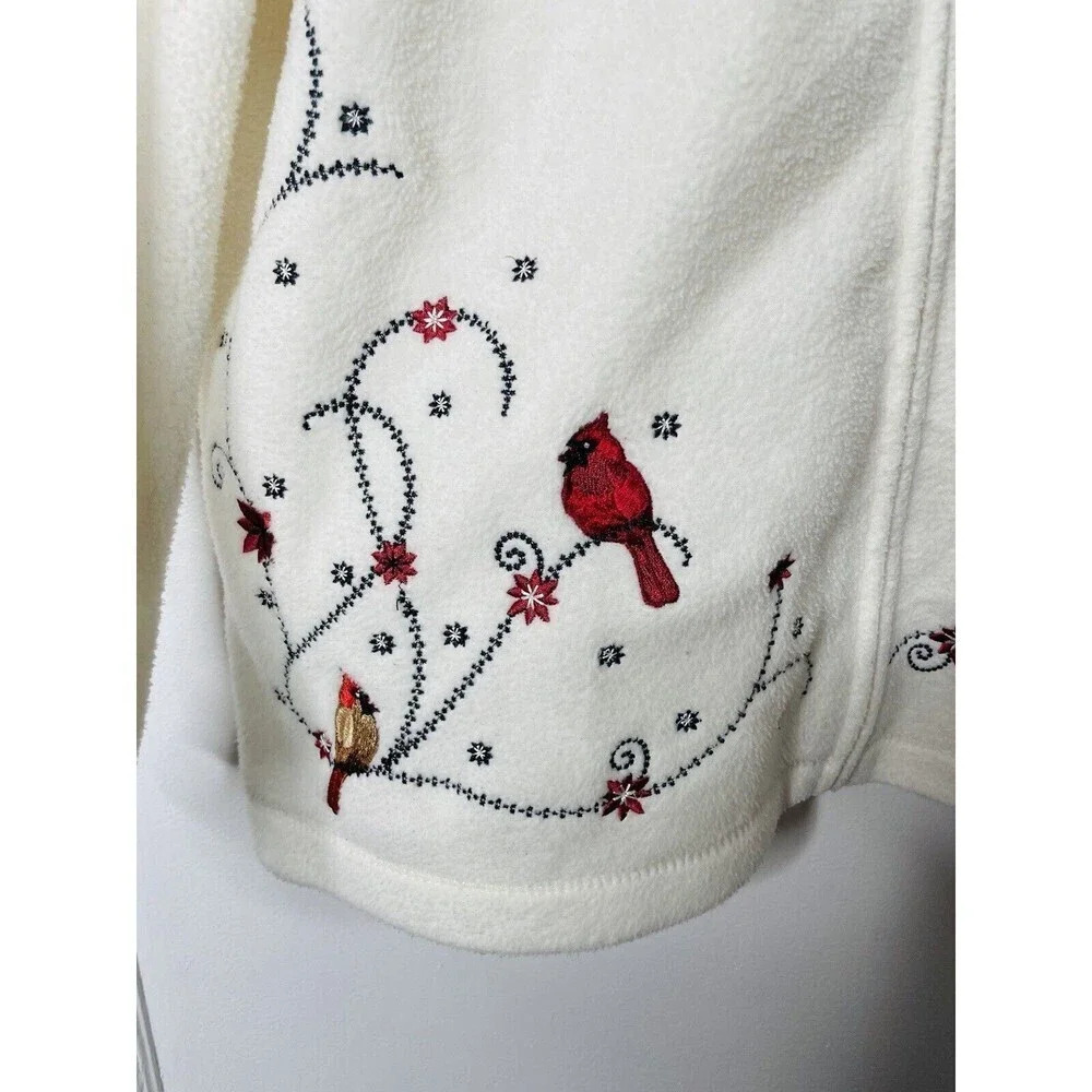 Croft & Barrow Pullover Fleece Sweater M Embroidered Cardinal Bird Flowers Ivory - Picture 2 of 9